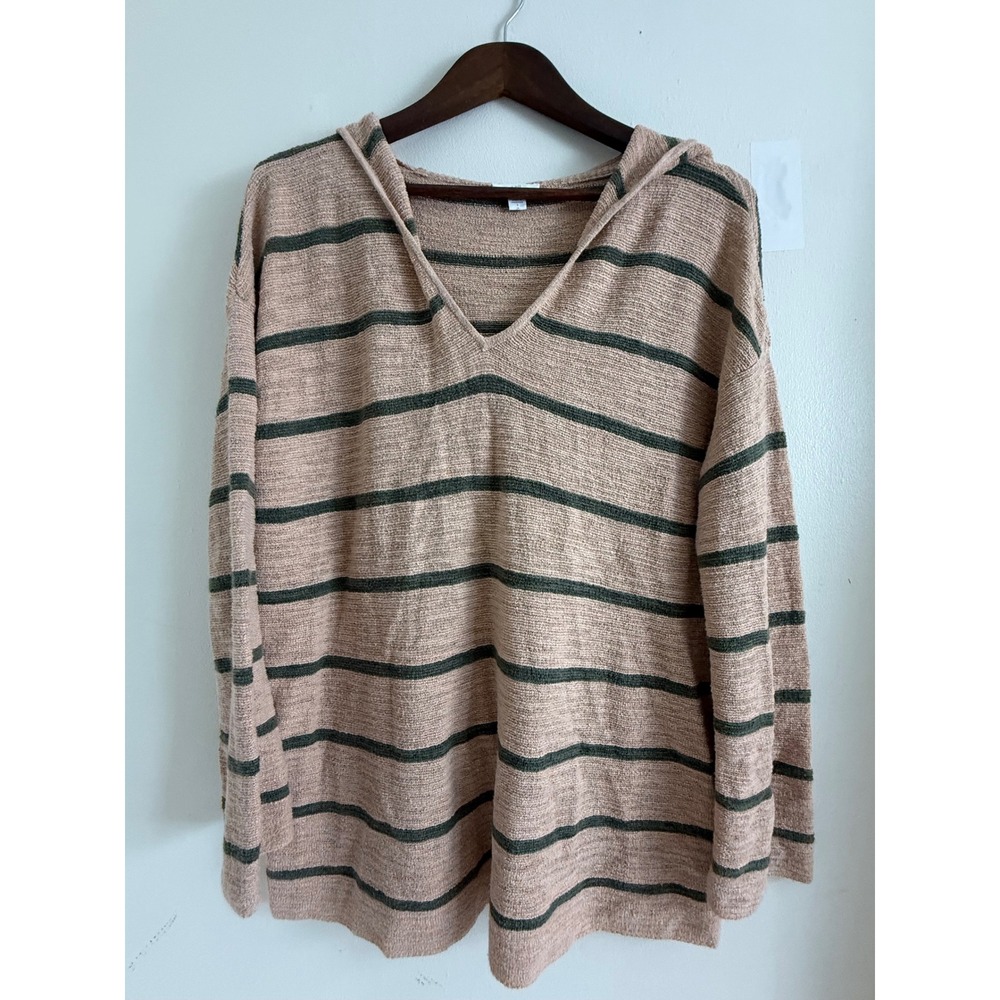 J. Jill Striped Knit Hoodie Sweater Tan Olive Green V-Neck Pullover Small
